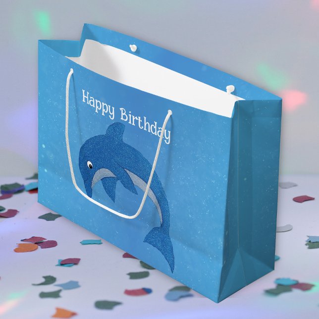 Bolsa De Regalo Grande Cute Sparkle Blue Salto Dolphin Cumpleaños (Sparkle dark blue and white jumping cute dolphin on blue Happy Birthday gift bag.)
