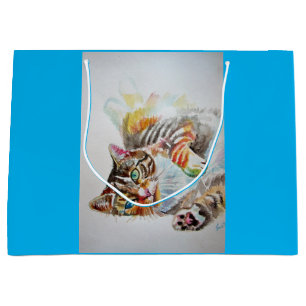 Bolsa De Regalo Grande Cute Tabby Cat Watercolor azul gatos Regalo Bolsa