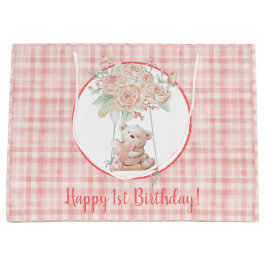 Bolsa De Regalo Grande Cute Teddy Bear Pink Plaid Cumpleaños