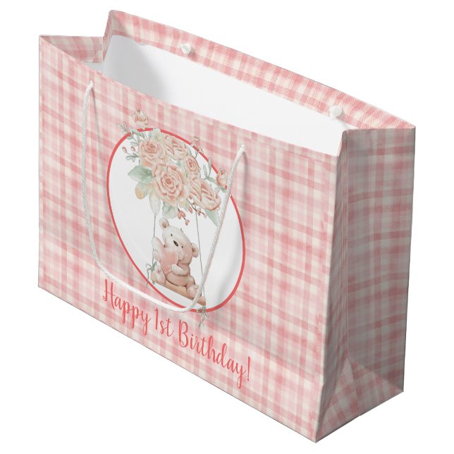 Bolsa De Regalo Grande Cute Teddy Bear Pink Plaid Cumpleaños (Angulo Anverso)