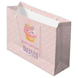 Bolsa De Regalo Grande Cute Unicornio de Cupcake Rosa con Rosas Cumpleaño