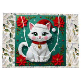 Bolsa De Regalo Grande Cute White Cat and Poinsettia Christmas