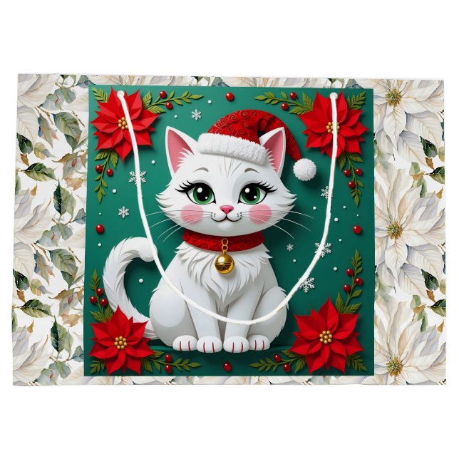 Bolsa De Regalo Grande Cute White Cat and Poinsettia Christmas (Reverso)