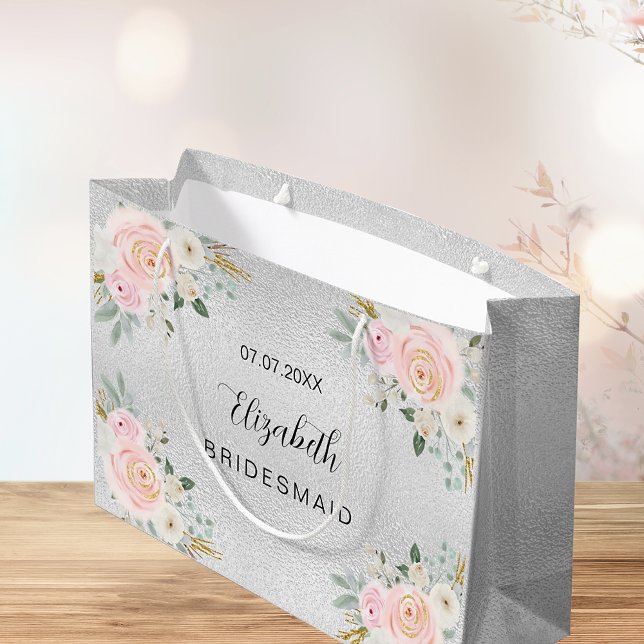Bolsa De Regalo Grande Damas de honor flores rosadas plata boda (Subido por el creador)