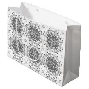 Bolsa De Regalo Grande damasco de adorno de folclore blanco y gris
