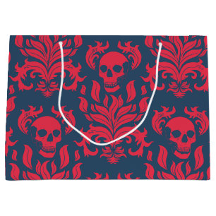 Bolsa De Regalo Grande Damasco de llamas de cráneo en choque rojo en azul