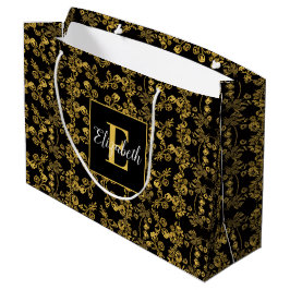Bolsa De Regalo Grande Damask Floral Negro y Dorado Nombre Personalizado 