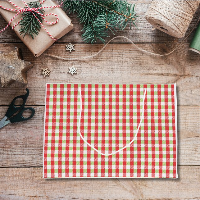 Bolsa de regalo grande de Navidad a cuadros acoged (Cozy Christmas Gingham Gift Bag)