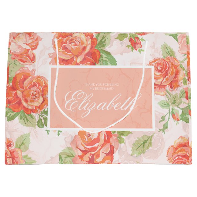 Bolsa de regalo grande de rosa floral naranja (Anverso)