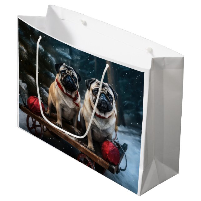 Bolsa De Regalo Grande Decoración de los Navidades Pug Snowy Sleigh (Angulo Anverso)
