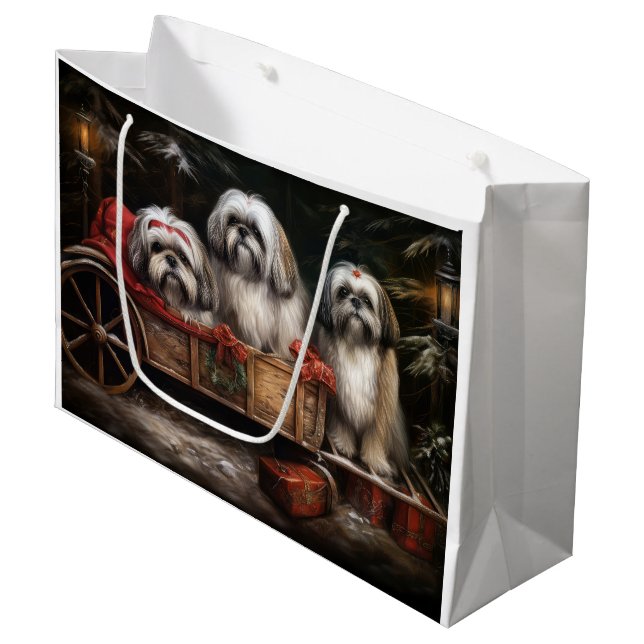 Bolsa De Regalo Grande Decoración de Navidades Lhasa Apso Snowy Sleigh (Angulo Anverso)