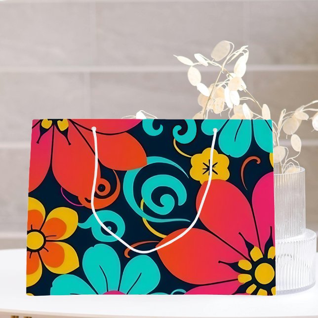 Bolsa De Regalo Grande Decoración Dopamina - Flores Funky Brillantes - Re (Bright Funky Flowers-Retro- Dopamine Style Gift Bag)