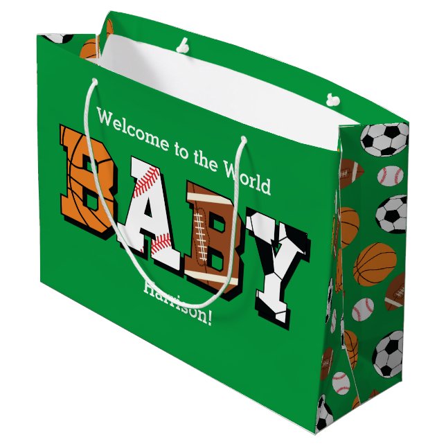 Bolsa De Regalo Grande Deportes Baby Shower Co-ed Green Gender Neutral (Angulo reverso)