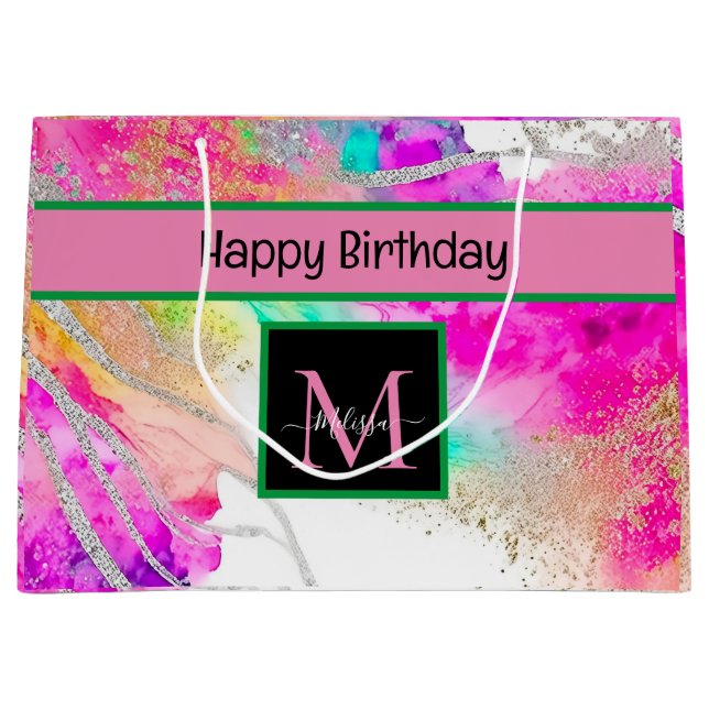 Bolsa De Regalo Grande Día de cumpleaños holográfico monograma moderno (Anverso)