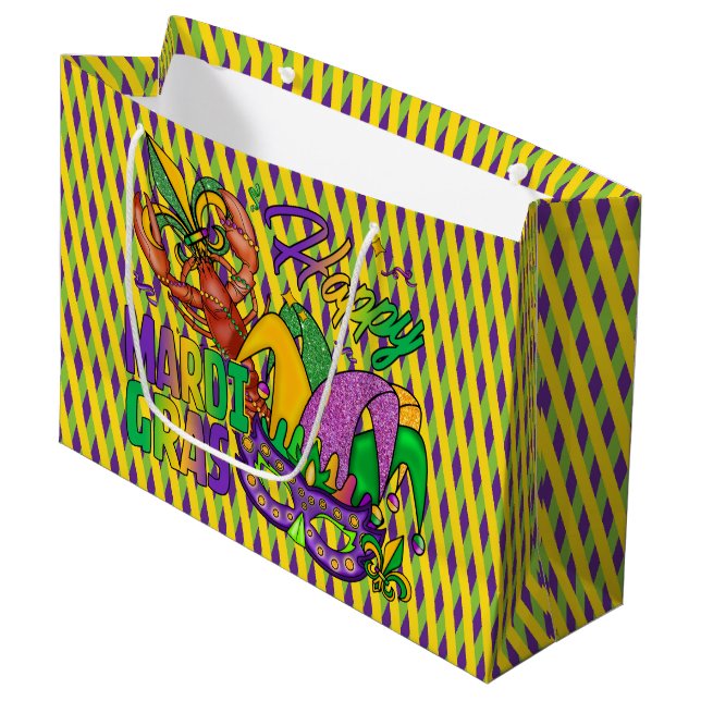BOLSA DE REGALO GRANDE DIAMANTES AMARILLOS VERDES PURPLE FELIZ MARDI GRAS (Angulo Anverso)