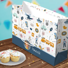 Bolsa De Regalo Grande Dibujo del patrón de niño y nombre niño azul