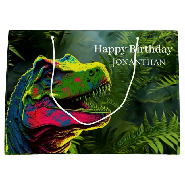 Bolsa De Regalo Grande Dinosaur Jungla rosa feliz cumpleaños (Anverso)