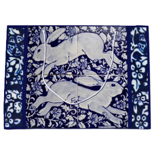Bolsa De Regalo Grande Diseño de mosaico floral azul, conejo blanco Dedha