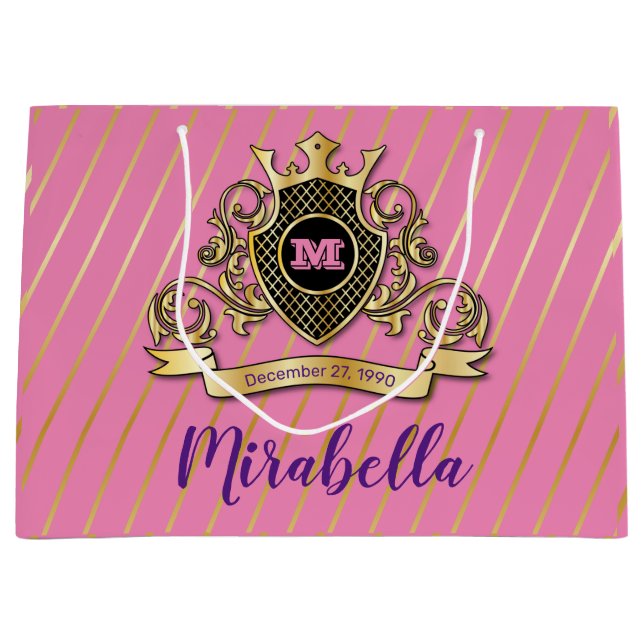 Bolsa De Regalo Grande Diseño elegante de Gol y monograma rosa (Anverso)