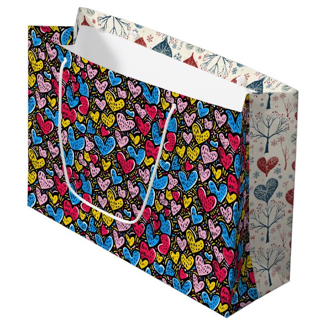 Bolsa de regalo grande Doodle Hearts & Winter Tree (Angulo Anverso)