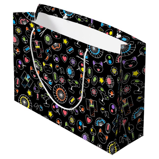 Bolsa De Regalo Grande Doodles de cultura kawaii japonesa sobre negro (Angulo reverso)