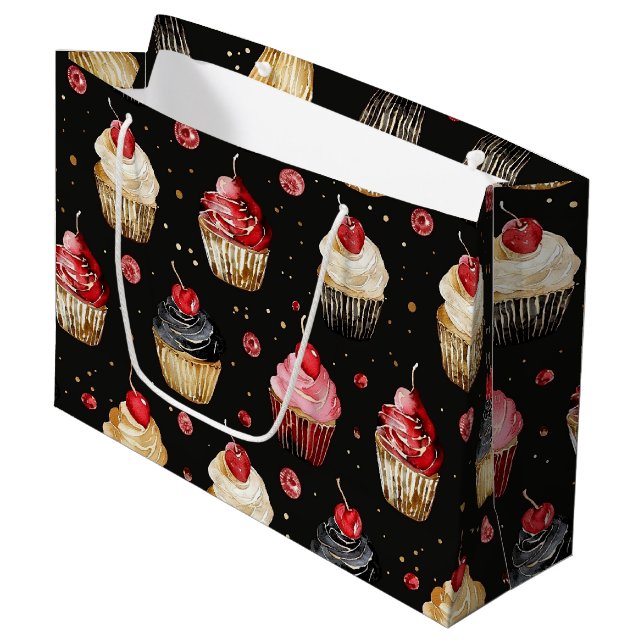 Bolsa De Regalo Grande Dorado Rojo Negro Pasteles rosados Cerezo Cumpleañ (Angulo Anverso)