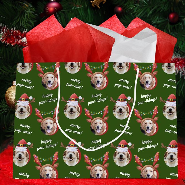 Bolsa De Regalo Grande Dos perros foto reno Feliz Navidad Verde (Subido por el creador)