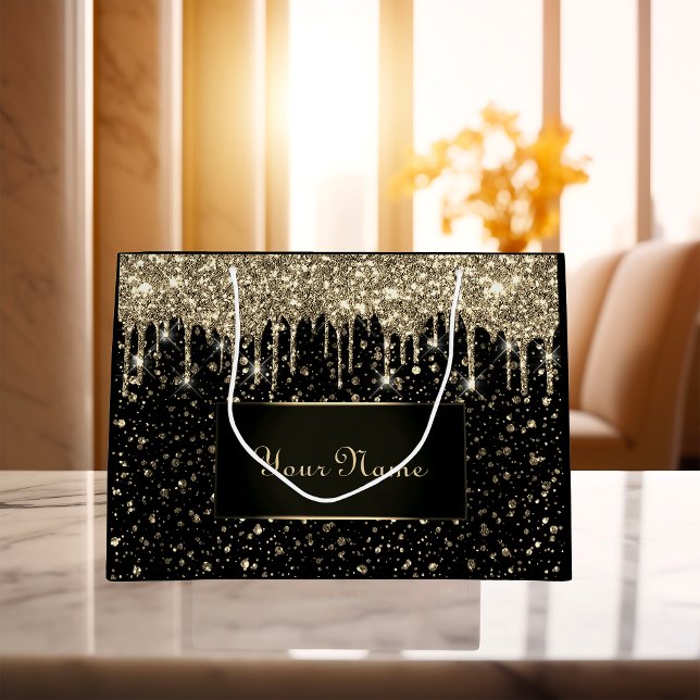 Bolsa De Regalo Grande Drenajes de Purpurina VIP Lux con nombre mínimo de (Black Gold Minimal Name Lux VIP Glitter Drips Large Gift Bag)