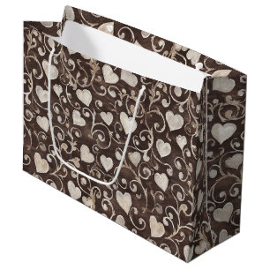 Bolsa De Regalo Grande Ducha de Novia Corazones Marrón Crema Romántica