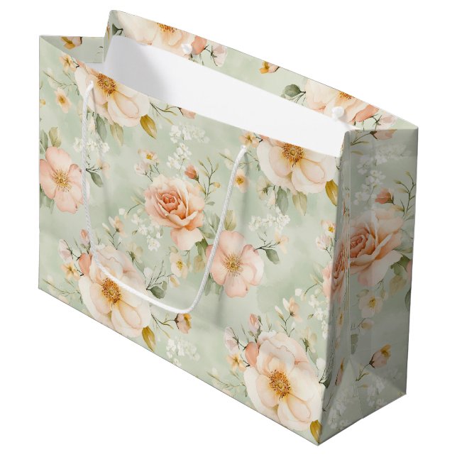 Bolsa De Regalo Grande Ducha de Novia Floral Rosas Bonitas de Melocotón y (Angulo Anverso)