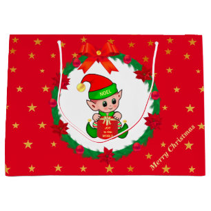 Bolsa De Regalo Grande Duende de Navidad, corona de pino, poinsettias y e