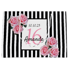 Bolsa De Regalo Grande Dulce 16 flores rosadas rayas blancas negras