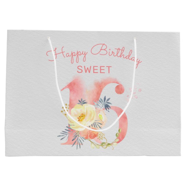 Bolsa De Regalo Grande Dulce 16 Número Floral Grande 16º Cumpleaños (Reverso)