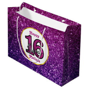 Bolsa De Regalo Grande Dulce rosado y morado 16 Gemas Purpurinas espumoso