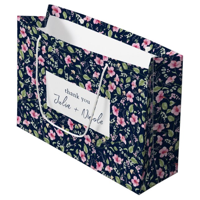 Bolsa De Regalo Grande Dusty Navy Blue Pink Hibiscus Bloom Shower (Angulo Anverso)