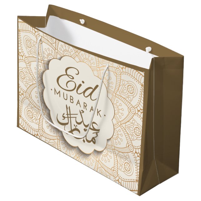 Bolsa De Regalo Grande Eid Mubarak | Feliz Eid Golden Calligraphy Mandala (Angulo Anverso)