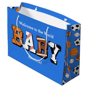 Bolsa De Regalo Grande El chico del tema deportivo de Baby Shower azul