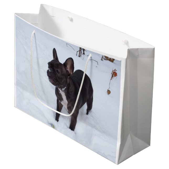 Bolsa De Regalo Grande El dulce Bulldog negro francés gusta de la nieve (Angulo Anverso)