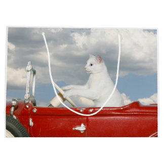 Bolsa De Regalo Grande El gato blanco conduce un coche