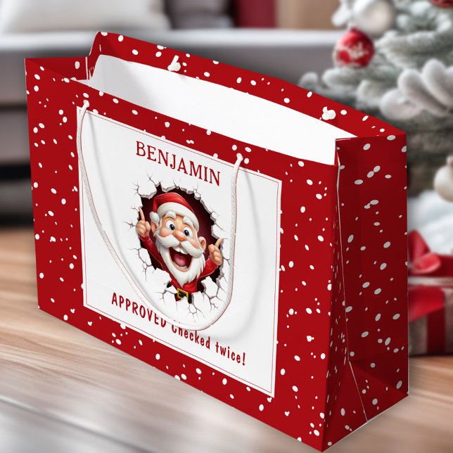 Bolsa De Regalo Grande El gracioso Santa Claus irrumpiendo en Navidades d (Funny Santa Claus breaking through Name Christmas Large Gift Bag)