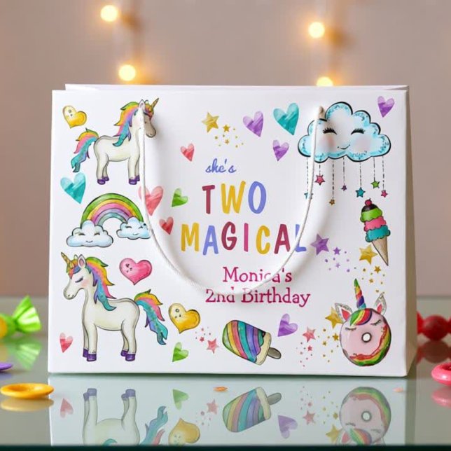 Bolsa De Regalo Grande El unicornio arcoiris pastel dos cumpleaños mágico (Subido por el creador)