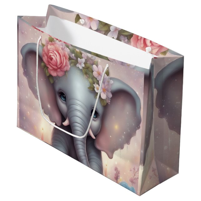 Bolsa De Regalo Grande Elefante bebé adorable con flores (Angulo Anverso)
