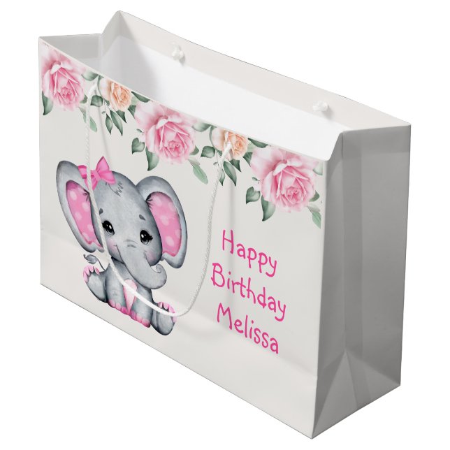 Bolsa De Regalo Grande Elefante de bebé rosado y Rosas en la frontera cum (Angulo Anverso)