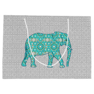 Bolsa De Regalo Grande Elefante de flores de Mandala, turquesa, gris y bl