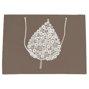 Bolsa De Regalo Grande Elegant Floral Leaf Design – White and Soft Grey 