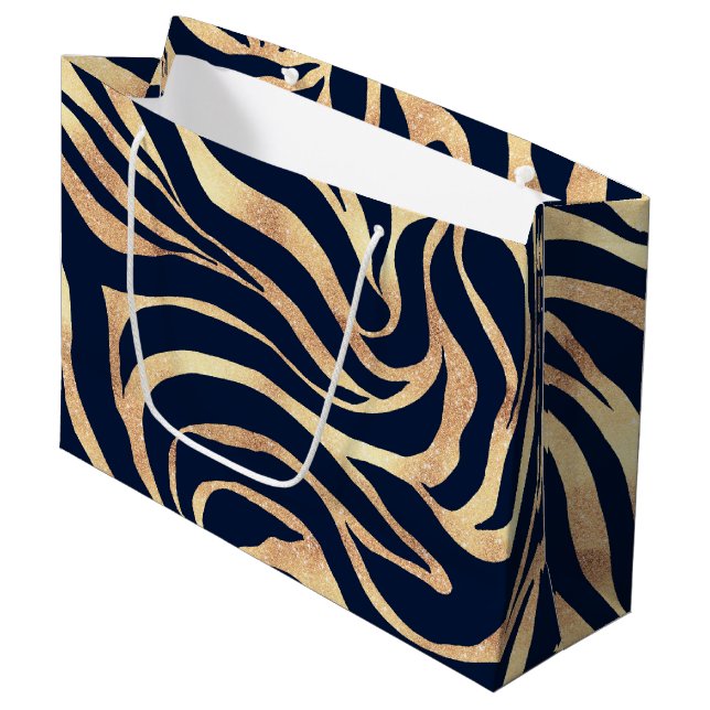 Bolsa De Regalo Grande Elegant Navy Blue Gold Zebra Print (Angulo Anverso)