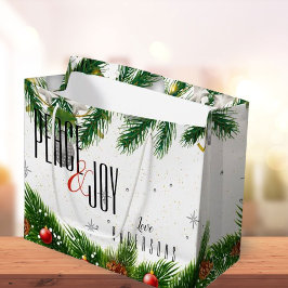 Bolsa De Regalo Grande Elegant Peace & Joy Red Berries Name Christmas