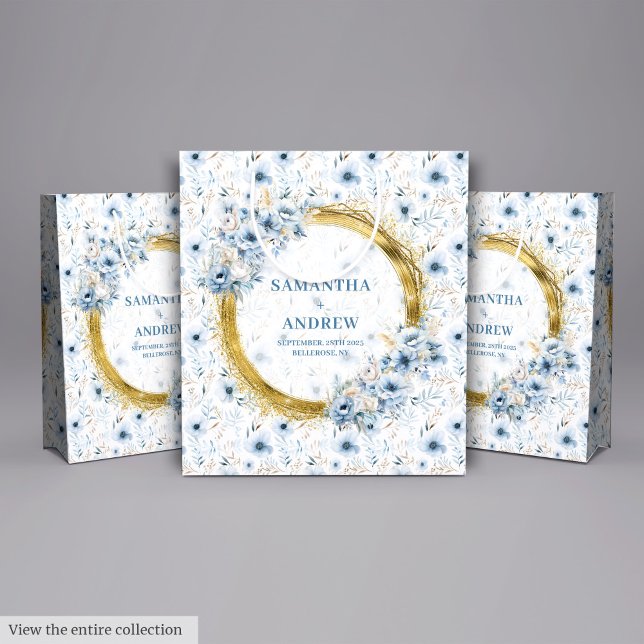 Bolsa De Regalo Grande Elegante acuarela Boho Dusty Blue Gold Boda (Elegant Watercolor Boho Dusty Blue Gold Wedding Large Gift Bag)