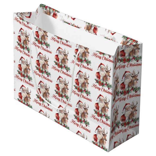 Bolsa De Regalo Grande Elegante acuarela clásica Santa Reindeer holly (Angulo Anverso)