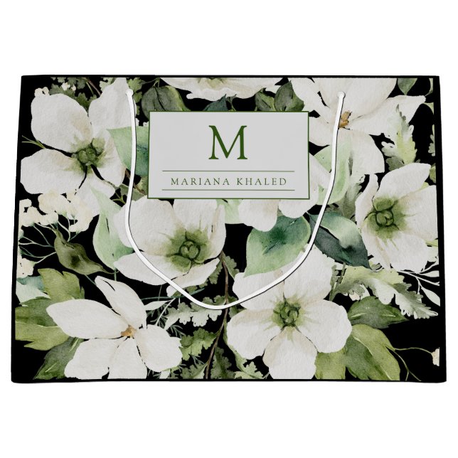 Bolsa De Regalo Grande Elegante acuarela floral blanco y negro (Anverso)